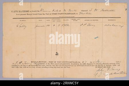 Manifest für das Schiff Fashion, das ein versklavtes Mädchen, Sally, im Alter von 14. Januar 27, 1844 auflistet Stockfoto
