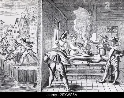 Die Märtyrer von Gorkum, eine Gruppe von 19 niederländischen katholischen Klerikern, die am 9. Juli 1572 in der Stadt Brielle von militanten niederländischen Calvinisten während der Religionskriege des 16. Jahrhunderts gehängt wurden, insbesondere die niederländische Revolte gegen die spanische Herrschaft, die sich zum Achtzigjährigen Krieg entwickelte. Kupferstich aus Theatrum Crudelitatum Haereticorum nostri temporis (Theater der Grausamkeiten der Ketzer unserer Zeit), Antwerpen 1587, ein polemisches Werk, das vermutlich die katholische Antwort auf John Foxes Märtyrerbuch war. Gravur aus Leben der Heiligen von Sabin Baring-Gould. Stockfoto