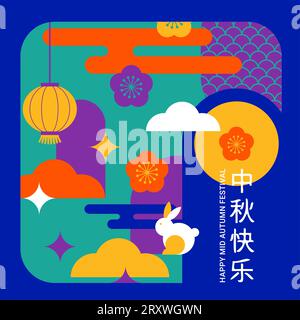 Flacher, moderner Hintergrund für Chuseok, chinesische Übersetzung - Mid Herbstfestival. Mondkuchen, Häschen, Regenbogen und Mond. Geometrisches Banner Stock Vektor