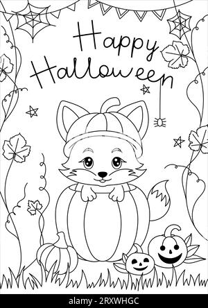 halloween-Malbuch für Kinder mit niedlichen Tieren im Kürbis. Malseite. Schwarz-weiß-Vektorillustration. Alles Gute Zu Halloween. Stock Vektor