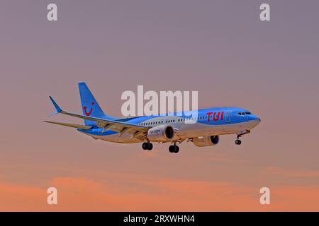 TUI Boeing 737 MAX 8 beim Landeanflug. Stockfoto