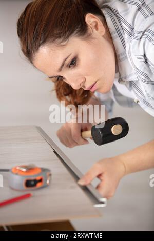 Schönheit junge Frau Bauarbeiterin hat Nagel auf das Holz gelegt Stockfoto