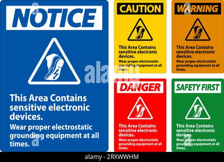 Warnschild Dieser Bereich Enthält Empfindliche Elektronische Geräte. Tragen Sie Stets Geeignete Elektrostatische Erdungsgeräte Stock Vektor