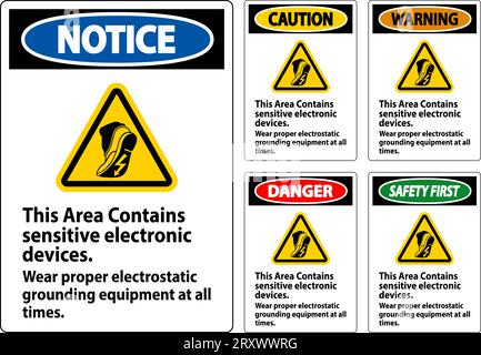 Warnschild Dieser Bereich Enthält Empfindliche Elektronische Geräte. Tragen Sie Stets Geeignete Elektrostatische Erdungsgeräte Stock Vektor