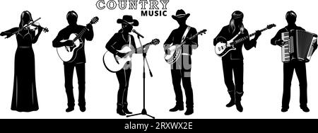 Country Band Silhouetten Set. Sängerin mit Akustikgitarre, Banjo-Mann, Bass-Gitarrist, Akkordeonistin, Geigenspieler. Mikrofon mit Ständer ist das s Stock Vektor