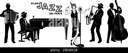 Französische Jazz-Band im Retro-Stil der 20er Jahre Silhouetten-Set. Flapper Girl Singer, Pianist, Akkordionist, Doppelbassist, Saxophonist. Vektorklipsel isoliert auf W Stock Vektor