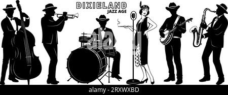 Retro Dixieland Jazz Band der 20er Jahre Silhouetten-Set. Flapper Girl singt, Männer spielen auf Kontrabass, Saxophon, Banjo, Trompete und Schlagzeug. Vektorklipa Stock Vektor