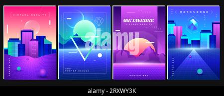 Retro-futuristische Raumplakate mit Synthwave-Hintergrund. Retrowave Flyer mit perspektivischem Raster, nächtlicher Stadtlandschaft und Drahtgittergebirge mit Nachthimmel und Sonnenuntergang. Metaverse Neonstadt. Stock Vektor