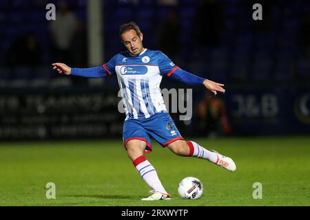 Matthew Dolan von Hartlepool United während des Spiels der Vanarama National League zwischen Hartlepool United und Solihull Moors im Victoria Park, Hartlepool am Dienstag, den 26. September 2023. (Foto: Mark Fletcher | MI News) Stockfoto