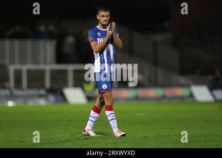 Zak Johnson von Hartlepool United während des Spiels der Vanarama National League zwischen Hartlepool United und Solihull Moors im Victoria Park, Hartlepool am Dienstag, den 26. September 2023. (Foto: Mark Fletcher | MI News) Stockfoto