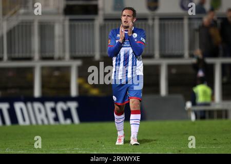 Matthew Dolan von Hartlepool United während des Spiels der Vanarama National League zwischen Hartlepool United und Solihull Moors im Victoria Park, Hartlepool am Dienstag, den 26. September 2023. (Foto: Mark Fletcher | MI News) Stockfoto