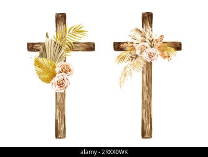 Hölzerne katholische Kreuz dekorierte Boho Blumen Set, Hand gezeichnete Aquarellillustration isoliert auf weißem Hintergrund Stockfoto