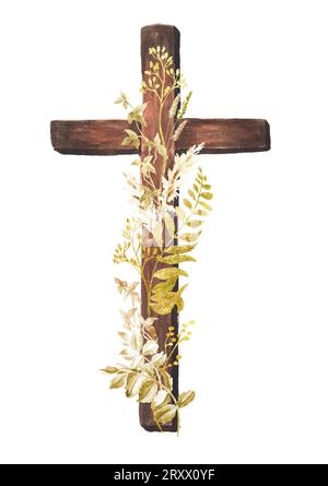 katholisches Holzkreuz mit Pflanzen verziert, handgezeichnete Aquarellillustration isoliert auf weißem Hintergrund Stockfoto