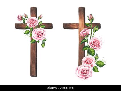 katholisches Holzkreuz, verziert mit Rosenblüten, handgezeichnete Aquarellillustration isoliert auf weißem Hintergrund Stockfoto