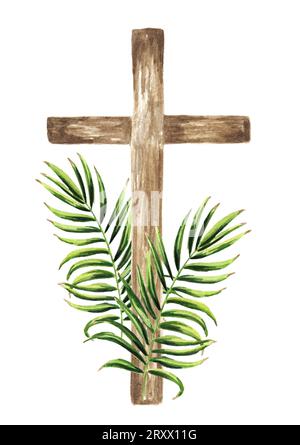 katholisches Holzkreuz mit Palmblatt, Palmsonntagkonzept. Handgezeichnete Aquarellillustration isoliert auf weißem Hintergrund Stockfoto