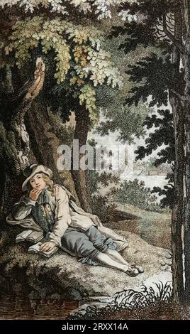 Der deutsche Philosoph Gottfried Wilhelm Leibniz (1646-1716) im Rosenthal-Waldpark in Leipzig, Kupferstich, Deutschland, 18. Jahrhundert Stockfoto