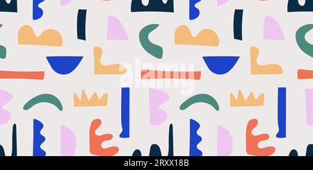 Niedliches, naives nahtloses Muster mit farbenfrohen abstrakten Formen im Matisse-Stil. Hintergrund mit verschiedenen handgezeichneten einfachen Figuren. Kindliches Kritzeln Stock Vektor
