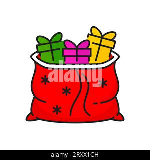 Weihnachtstasche mit Geschenkideen mit isolierter Farblinie. Vector Geschenkbox mit verpackten Paketen, offener Sack mit Neujahrsgeschenken Stock Vektor