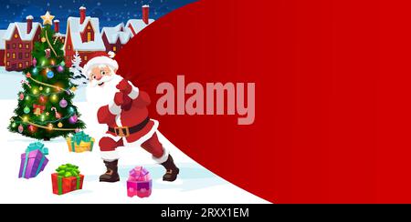 Comic Santa mit Geschenktüte und Weihnachtskiefer. Vector Father Noel mit rotem Sack in verschneiter Landschaft mit dekorierter Fichte. Weihnachtskarte Vorlage mit lustigen Figuren für Geschenke Stock Vektor