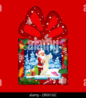 Doppelte Ausstellung mit Weihnachtsgeschenk, Weihnachtsdekoration und Weihnachtsmann. Vector 3D-Lagenrahmen in Form einer Geschenkbox mit Schleife und lustiger Vater Noel Leserolle mit Kinderwünschen Stock Vektor