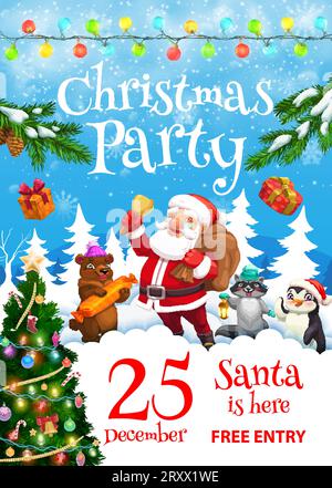 Flyer zur Weihnachtsfeier. Weihnachtsmann mit Klingelklingel und Tierfiguren. Vektor-Einladung Poster-Vorlage mit Vater Noel und lustigen Bären, Waschbären oder Pinguine Neujahr und Weihnachtsfiguren im Wald Stock Vektor