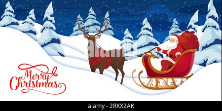 Weihnachtspapier Schnitt Schnee, Comic Santa mit Rentier und Schlitten. Vector Holiday Xmas 3D Papercut Art mit Vater Noel liefern Geschenke mit Hirschschlitten in der Nacht Waldlandschaft mit Bäumen und Schneefall Stock Vektor