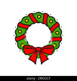 Grüner Weihnachtskranz und Neujahrskranz, verziert mit einer roten Schleife. Vector Weihnachtskranz mit Bändern oder Girlanden und Bälle. Noel-Dekoration Stock Vektor