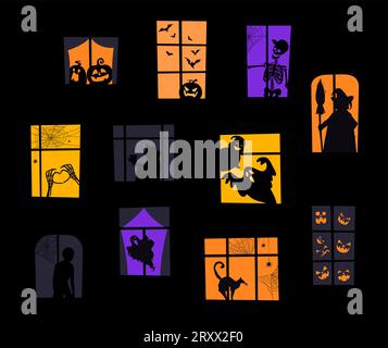 Halloween-Fenster mit gruseligen, gruseligen und gruseligen Silhouetten. Vektorgespenstische Hausfassade mit Kürbisgesichtern, Hexe, Fledermäusen und Skelett, Vampir mit Tasse, Skeletthände mit Herz, Geister, schwarze Katze Stock Vektor