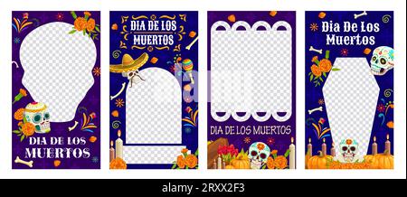 Mexikanischer Tag der Toten Dia de Los Muertos Urlaub Social Media Banner Vorlagen. Vektor-Calavera-Zuckerschädel, Ringelblumen, Sombrero und Maracas, Kerzen, Knochen, Layouts mit blumenmuster im Webdesign Stock Vektor