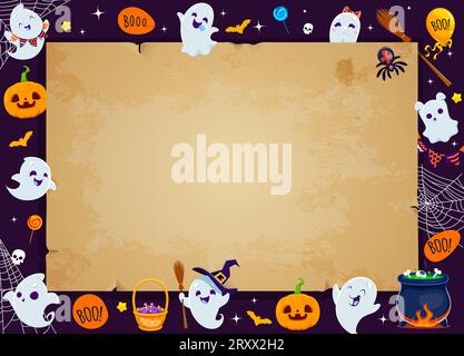 Halloween Urlaub Kawaii Geister und Vintage-Rolle, Vektor Grußkarte. Niedliche Comic-Geister und Kürbismonster-Figuren im Hintergrund mit Fledermäusen, Spinnen, Süßigkeiten und Spinnweben Stock Vektor