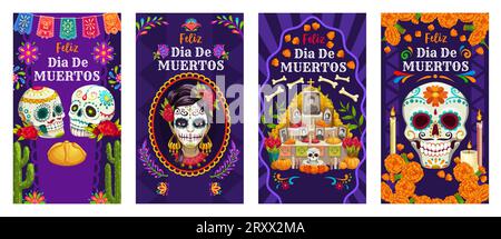 Day of the Dead Dia de Los Muertos mexikanische Feiertags-Social-Media-Banner, Vektor Mexiko Halloween. Comic-Zuckerschädel, ofrenda-Altar und Catrina Calavera mit Ringelblumen, Kerzen, Papel Picado Stock Vektor