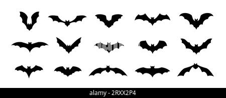 Halloween Fledermäuse Silhouetten Set. Isolierte Vektor geflügelte Vampirtiere schwarze Formen auf weißem Hintergrund. Gruselige und gruselige Tierwesen gruppieren sich, monochrome Symbole, einfache Schilder oder Piktogramme Stock Vektor