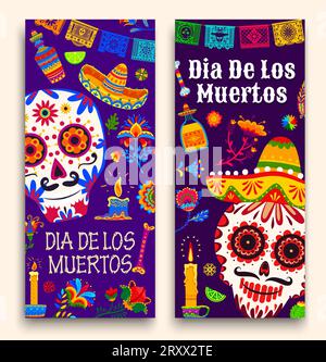 Mexikanischer Todestag Dia de Los Muertos-Weihnachtsbanner mit Vektor-Zuckerschädel und Papel-Picado. Mexiko Halloween Calavera Skulls in Sombrero mit bunten Blumen, Altarkerzen, Tequila und Knochen Stock Vektor