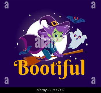 Aufdringliche Halloween-Zitat-Comic-Hexe auf dem Besen und Kawaii-Geist, bringt Verzauberung und Lächeln in die gruselige Saison. Vektorbanner mit entzückender lustiger Hakenfigur, Fledermaus und Spuk, die zur Zirkusparty fliegen Stock Vektor