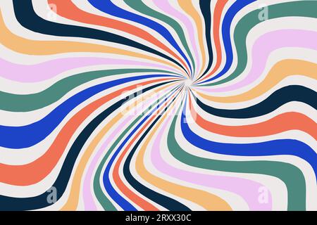 Im 1970 Hippie-Stil der 1960er Jahre im Hintergrund mit Sonnenstrahlen. Wellige Linien in Regenbogenfarben. Grooviges Muster im Retro-Stil. Psychedelische Vektorentwürfe Stock Vektor