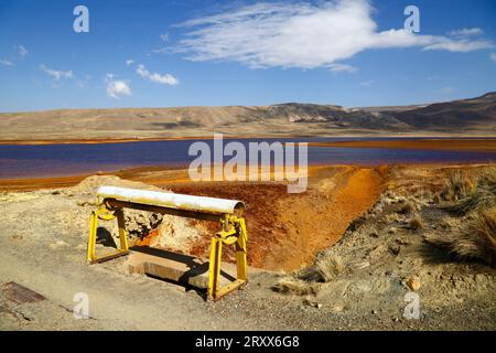 Milluni Reservoir, bei La Paz / El Alto, BOLIVIEN; 27. September 2023: Eine Ansicht, die einen trockenen Überlaufkanal und sehr niedrige Wasserstände im Represa Milluni Reservoir zeigt, das die nahe gelegene Stadt El Alto versorgt und derzeit nur etwa 20 % der Kapazität hat. Boliviens altiplano-Regionen erleben derzeit eine schwere Dürre und der Wasserstand in Seen, Flüssen und Stauseen ist für die Zeit des Jahres niedriger als normal. Viele geben dem Klimawandel die Schuld; die letzten Jahre waren trockener als normal, und das El-Niño-Phänomen verstärkt sich derzeit im Pazifischen Ozean vor Südamerika. Stockfoto