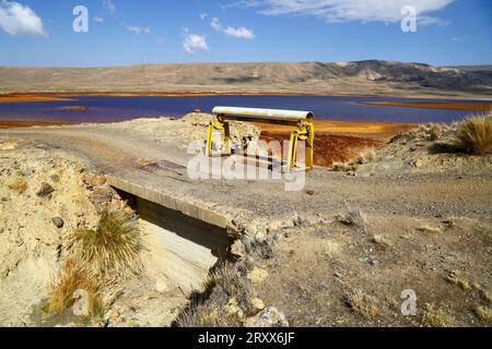 Milluni Reservoir, bei La Paz / El Alto, BOLIVIEN; 27. September 2023: Eine Ansicht, die einen trockenen Überlaufkanal und sehr niedrige Wasserstände im Represa Milluni Reservoir zeigt, das die nahe gelegene Stadt El Alto versorgt und derzeit nur etwa 20 % der Kapazität hat. Boliviens altiplano-Regionen erleben derzeit eine schwere Dürre und der Wasserstand in Seen, Flüssen und Stauseen ist für die Zeit des Jahres niedriger als normal. Viele geben dem Klimawandel die Schuld; die letzten Jahre waren trockener als normal, und das El-Niño-Phänomen verstärkt sich derzeit im Pazifischen Ozean vor Südamerika. Stockfoto