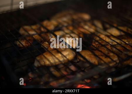 Im Gitter gebratenes Fleisch. Fleisch wird gekocht. Brazier mit Holzkohle. Eiweißfutter. Stockfoto