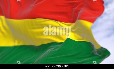 Nahaufnahme der bolivianischen Nationalflagge, die im Wind winkt. Der Plurinationale Staat Bolivien ist ein Staat Südamerikas. 3D-Illustrations-Rendering. Flutteri Stockfoto