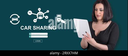Frau, die ein digitales Tablet mit Car-Sharing-Konzept im Hintergrund verwendet Stockfoto