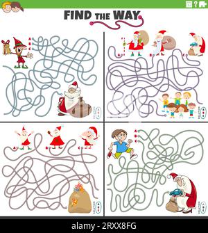 Comic-Illustration von Find the Way Labyrinth Puzzle-Aktivitäten mit dem Weihnachtsmann zu Weihnachten mit Kindern Stock Vektor
