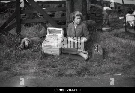 1960er Jahre, historisch, Frau, die mit ihrem Baby in einer Tragetasche und einem Hund auf dem Boden am Tor zu einem Feld sitzt, England, Großbritannien. Stockfoto