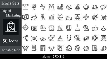 Symbolsatz für digitales Marketing. Enthält seo, Inhalte, Websites, soziale Medien, Vertrieb und Online-Werbung. Sammlung von Volumenvektorsymbolen. Stock Vektor