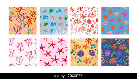 Muster-Paket mit Unterwasserwelt-Mustern, Korallenriffen, Seestern, Muscheln, unter dem Meer tropische Resort Muster Kollektion. Vektorillustration Stock Vektor