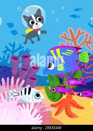 Kinderillustration mit Unterwasserwelt. Charaktere aus Fischreizfilmen. Perfekt für Kinder Aktivitätenbuch, Bilderbuch. Hund unter Wasser. Kinderplakat mit Zeichentrick-Unterwasserszene. Vektorillustration Stock Vektor