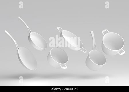 Set aus fliegendem Stewpot aus Edelstahl, Bratpfanne und Kochgeschirr aus verchromtem Aluminium auf monochromem Hintergrund. 3D Render von antihaftbeschichtenden Küchenutensilien Stockfoto
