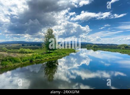 Der wunderschöne Wood River fließt durch ein üppiges Feld mit malerischen Wolken, die sich im Wasser spiegeln Stockfoto