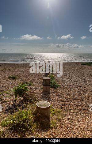 Ein Holzsteg, der zum Meer führt, auf Pett-Ebene an der Küste von Sussex Stockfoto