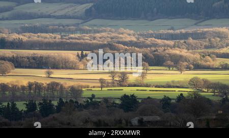 Blick über South Shropshire in Richtung Ludlow von View Edge, Onibury, Shropshire, Großbritannien Stockfoto