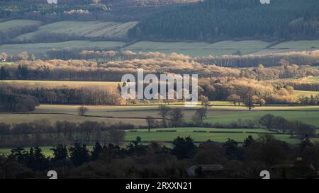 Blick über South Shropshire in Richtung Ludlow von View Edge, Onibury, Shropshire, Großbritannien Stockfoto